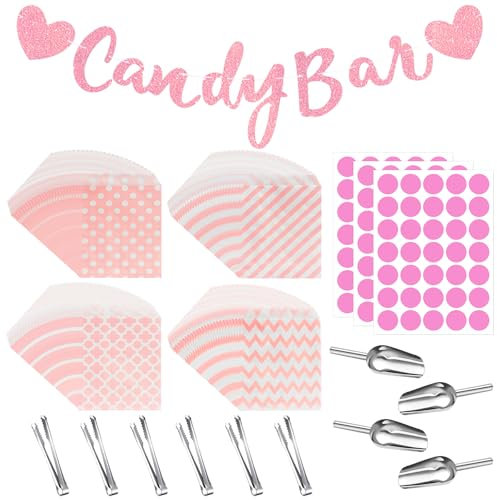 YeahBoom 114 Stück Candy Bar Zubehör Set,Enthält 100 Stück Candy Bar Tüten 3 Sticker 6 Zuckerzange 4 Schaufeln und 1 Candy Bar Deko Girlande,Candy Bar Deko Set für Candy Bar Hochzeit Geburtstage Party