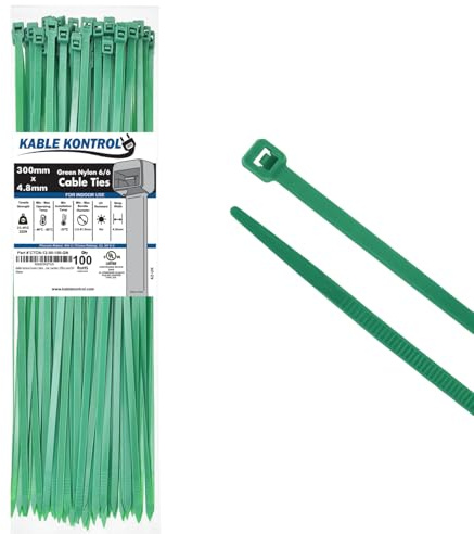 Kable Kontrol Green Cable Ties, 300 mm x 4.8 mm, Pack of 100, 12 Premium Nylon Zip Ties, Multi-Purpose Plastic Tie Wraps, Secure Self-Locking Mechanism, for Home, Garden, Office and DIY