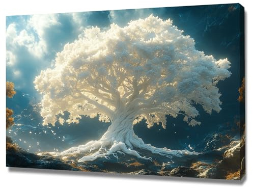 TERUEA Modernes Deko-Highlight Der weiße Lebensbaum Leinwandbild Modern Canvas Groß XXL Schlafzimmer Wohnzimmer Wandbild Kunstdruck Wandbilder Wand Bild auf Leinwand (Weiß)-70x100cm1 Gerahmt