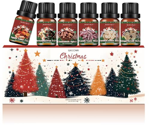Christmas Essential Oils Set – 6x10ml Christmas Essential Oil Blends for Diffusers for Home – Winter Essential Oils Gift Set Including Gingerbread, Fir Tree, Candy Cane and More – Aromatherapy Oils