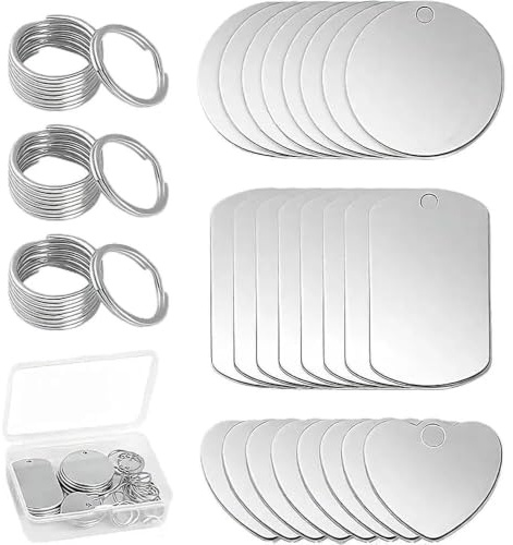 24 Stück Edelstahl Anhänger Blanko | 3 Formen Tag Blank Schlüsselanhänger | Dog Tag Runde Rechteckige Herzförmige Schlüsselanhänger Selber Machen für Halsketten Anhänger Armbänder Haustiermarken