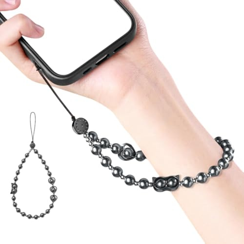 KHZen Elegant Convertible Pearls Phone Lanyard Wrist Strap With Secure Metal Clasps Adjustable Lanyard For Not Loss Defense Pearls Phone Cord With