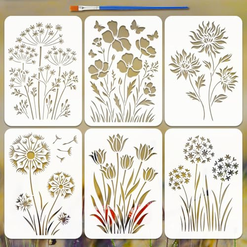 FINGERINSPIRE 6 Stück Malvorlage Mit Blumen Und Blättermotiven Inklusive Pinsel 29.7x21cm Löwenzahn Lilien Schmetterlinge Schmetterlingsmotiv Pflanzen Blumenmotiv Malvorlagen Für Holz Wand Leinwand