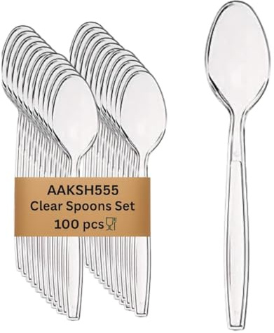 Aaksh 555 | 100 Pcs | Re-usable Plastic Spoons | Washable Clear Heavy Duty for Soup and Dessert | Picnics, BBQ's, Camping, Everyday Use Birthday and Party Cutlery.