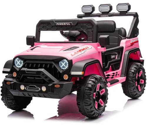 Kids Ride On Car, 12V Battery-Powered Toy Car with Remote Control, 1 Seater Kids Electric Ride on Truck Music Horn LED Lights 4 Spring Suspension Wheels Vehicle Toy for Children (Pink)