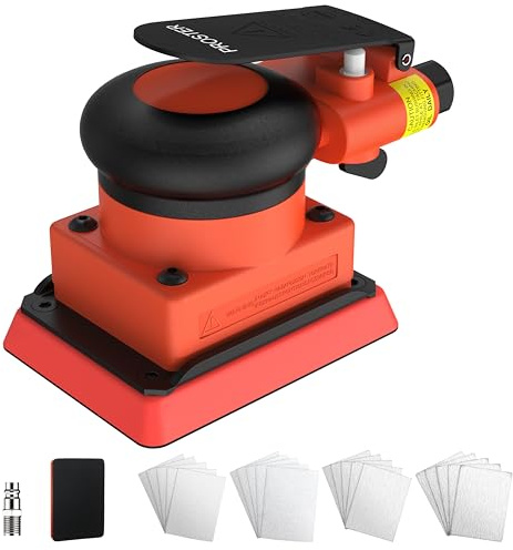Proster Levigatrice Orbitale Pneumatica 3x4, Professionale 8000-12000 RPM, Velocità Variabile, con 20 Dischi Abrasivi, per Legno Metallo Carrozzeria Auto, Orbita 12 mm