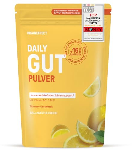 BRAINEFFECT DAILY GUT Zitronengeschmack – Probiotisches Getränkepulver | mit 16 Mrd. lebenden Bakterien & 7 g Ballaststoffen pro Portion, mit Vitamin B1, B2, B6 & B12 – 240 g