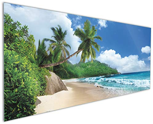 Wallario Küchenrückwand aus Glas 125 x 50 cm, Motiv: Urlaub auf den Seychellen unter Palmen am Sandstrand | Spritzschutz abwischbar & pflegeleicht