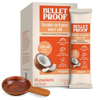 Bulletproof Brain Octane C8 MCT Oil Packets (15-Pack) 100% C8 from Coconut | 100% Pure Coconut Oil, Triple-Distilled Keto Energy Supplement for Coffee & Smoothies, Unflavored, No Additives, Non-GMO