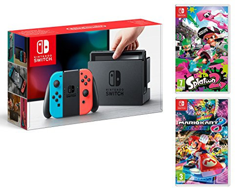 Nintendo Switch Rouge/Bleu Néon 32Go Pack + Mario Kart 8 Deluxe + Splatoon 2