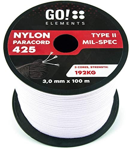 GO!elements 100m Paracord Seil aus reißfestem Nylon - 3mm Paracord 425 Typ II max. 192kg - Schnüre als Outdoor Seil, Allzweckseil, Survival Seil, Armband, Hundeleine, Nylonschnur, Farbe: Weiß