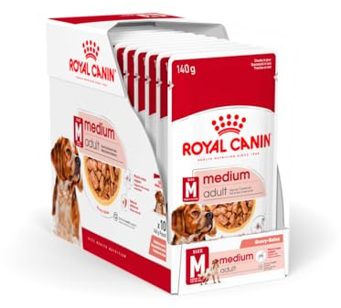 Royal Canin Medium Adult | 10 x 140 g | Alleinfuttermittel für ausgewachsene, mittelgroße Hunde von 11 bis 25 kg | Von 12 Monaten bis 10 Jahre | Mit ausgewählten Zutaten