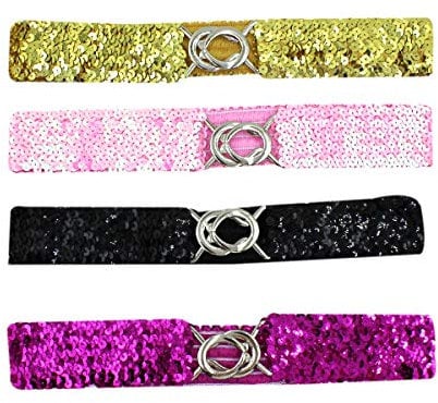 4 Pack Women Girls Sparkly Glitter Sequin Stretchy Elastic Waist Belt Wide Dress Belt Corset Cinch Belt, Gold+rose+black+pink, One Size
