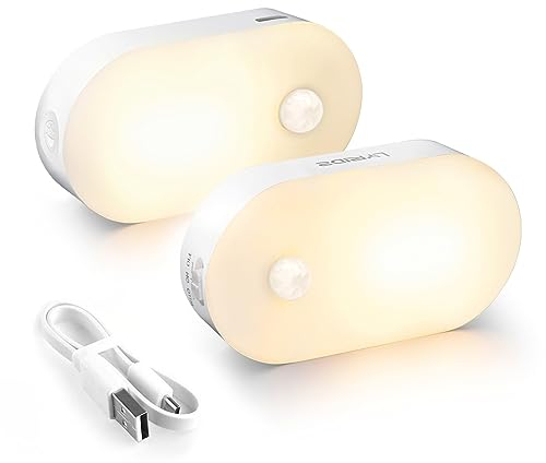 Lyridz Motion Sensor Night Light, Mini USB Rechargeable LED Night Light Kids, Stick on Anywhere Warm White Dimming Lighting for Corridor,Staircase,Bedroom,Children's Room,2 Pack