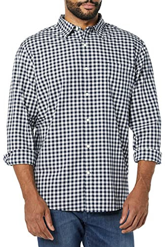 Amazon Essentials Men's Long-Sleeved Regular-Fit Stretch Poplin Shirt, Navy White Gingham, XS