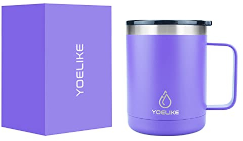 yoelike Isolierter Kaffeebecher mit Griff, 410ml Doppelwandiger Vakuum-Edelstahl Reise-Kaffeebecher Auslaufsicher, Pulverbeschichteter Campingbecher für Büro Outdoor Heiße Kalte Getränke Lila