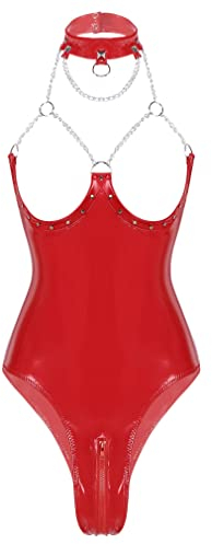 FEESHOW Damen Glänzend Bodysuit Ouvert Lack Leder Catsuit Trikot Stringbody mit Reißverschluss Brustfrei Dessous Clubwear S-4XL Rot M
