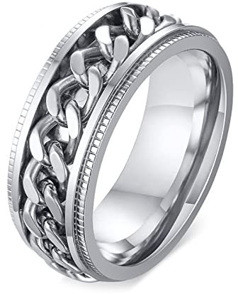 Epinki Anello Ansia, 8MM Catena ad Anello Rotante Argento per Uomo Acciaio Inossidabile Anello Antistress Misura 22