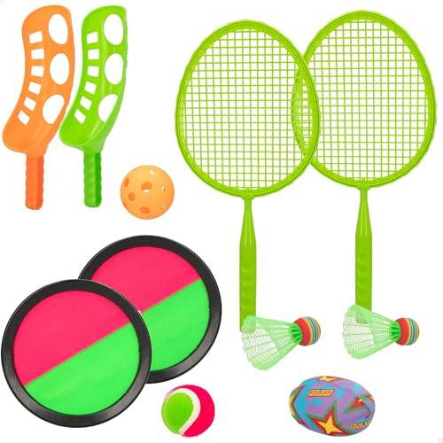 ColorBaby CB Toys 49543 - Juguetes Playa Set Multijuegos Niños, Incluye 2 Raquetas bádminton, 2 Volantes, 2 lanzadores, 2 Pelotas, 1 Balon de Rugby Blando, 2 Discos atrapapelotas, a Partir de 3 años