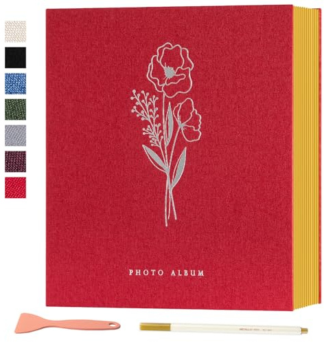 Lanpn Fotoalbum Selbstklebend Einkleben Scrapbook, Leinen Groß Weiße Seiten Fotobuch zum Selbstgestalten mit Metallischer Stift 10x15 13x18 A5Bilder Kleine-40 Blatt/80 Seiten,Rot)