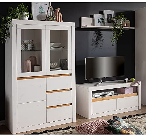 Massivholz TV Wand Wohnwand Mediamöbel Mediawand Highboard Wandboard Lowboard Kiefer massiv weiß Weiss