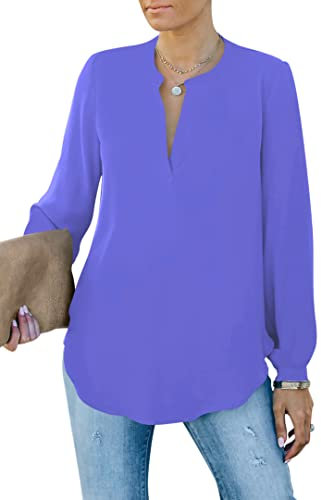 Homlan Blusa Elegante para Mujer, Cuello en V, Manga Larga, Informal, túnica, Camiseta de Manga Larga, Monocolor, Suelta, Viola BLU., XXL