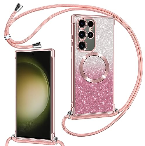 Phoona Handyband Hülle für Samsung Galaxy S23 Ultra 5G mit Band [kompatibel mit MagSafe], Luxuriöse Glitzer Beschichtung Magnetische Handyhülle für Samsung S23 Ultra Stoßfest Schutzhülle, Rosa