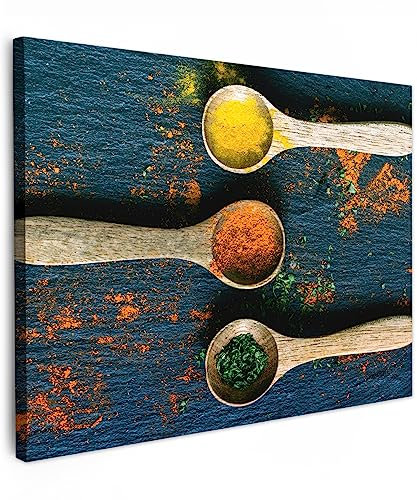 MuchoWow© Wandbilder 70x50 cm Wohnzimmer Wanddeko Zimmerdeko Wandgemälde Zimmer Deko auf Wand Dekoration Wall Art Küchenbilder - Bild Küche - Gewürze - Löffel - Kräuter - Braun - Gelb