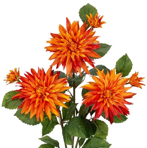 Grandi fiori artificiali di dalia con steli lunghi, 3 fiori finti arancioni e 3 boccioli finti decorativi, composizioni floreali per la casa, soggiorno, cucina, matrimoni, decorazioni per feste