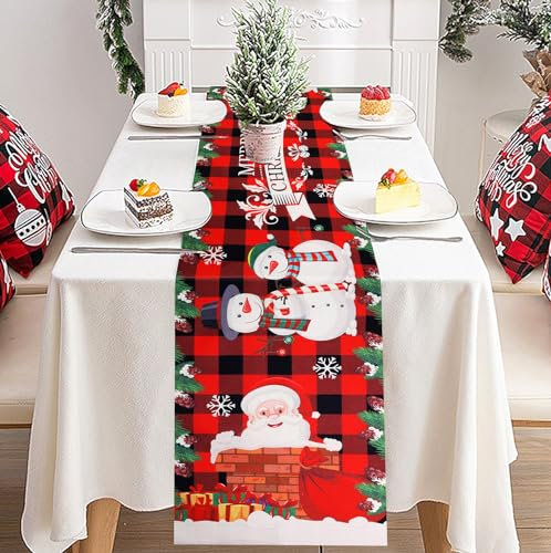 Tischläufer Weihnachten, Weihnachtsmann Tischdeko Weihnachten Winter Leinen Küche Tisch Dekoration Schneemann Tischläufer Schwarz Rot Kariert Abwaschbar Tischläufer Drinnen Draußen Urlaub Party Dekor