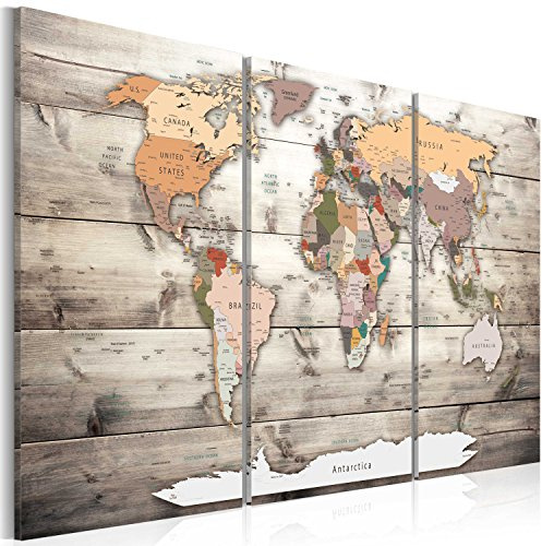 B&D XXL Weltkarte Pinnwand & Vlies Leinwand Bild 90x60 cm Bilder mit Kork Rückwand 3 Teilig Kunstdruck Korktafel Korkwand Memoboard Pinboard Wandbilder Karte Holz Landkarte