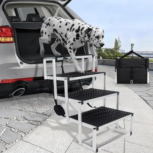 Dog Steps for Car, Folding Dog Stairs for Large Dogs with Nonslip Surface, Supports to 310 LBS/140KG, 4 Steps Lightweight Aluminum Dog Ramp for Cars SUV Trucks