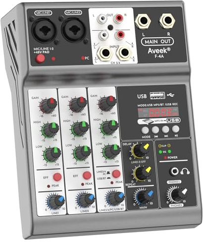 Aveek Mezclador de Audio 4 canales, Sound Mixer Board Mezclas con USB Bluetooth Efecto Reverb Delay, entrada de 48 V, alimentación phantom Mezclador DJ estéreo para grabación, streaming en directo