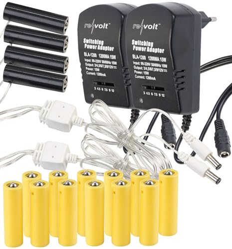 revolt Dummy Batterie: 2er-Set Batterie-Netzteil-Adapter, ersetzt 16 AA-Batterien (4 Geräte) (AA Dummy, Netzteil, Weihnachtsbeleuchtung)