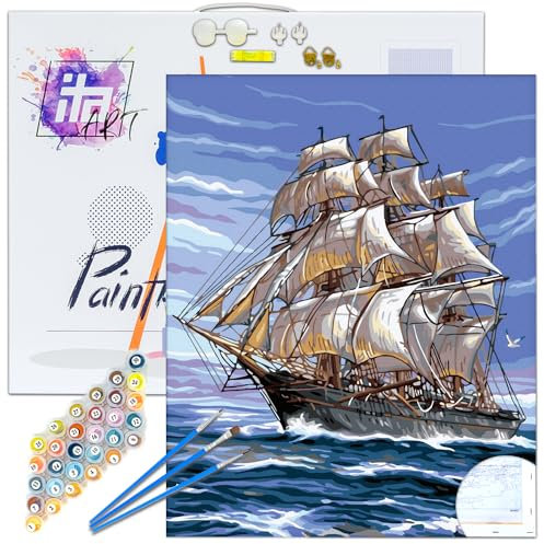 ITA Art Peinture par numéros Kit Complet avec châssis, peintures acryliques, pinceaux, Accessoires, boîte Cadeau - Kit de Peinture DIY avec Toile, 30x40 cm, La frégate Blanche