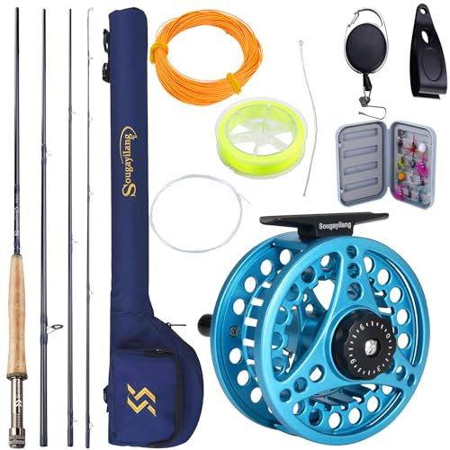 Sougayilang Fliegenfischrute und Rolle Combo – 5/6 Gewicht, 2,7 m Graphitrute, Druckguss-Aluminiumrolle, Tragetasche, Fliegenbox und Angelfliegen (Blau #5)