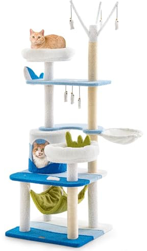 COSTWAY Cat Tree, Multi-Level Cat Climbing Tower with Sisal Scratching Posts, Top Perch, Hanging Toys, Ocean-Themed Kitten Activity Center for Indoor Cats (165cm Tall)