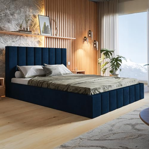 MOTIVENA Ibiza Bett 140x200, Polsterbett 140x200, mit Bettkasten, mit Stauraum, mit Lattenrost, mit Kopfteil, ohne Matratze, Samt, Blau Dunkelblau