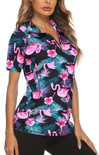Koscacy Womens Quarter Zip Polo Shirts Short Sleeve Quick Dry Golf Tennis Athletic Tops (S-2XL), Flamingo, S