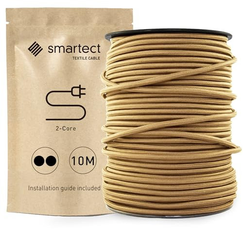 smartect Cable Electrique Textile Marron Clair, Fil Electrique Tissu de 10 Mètres, 2 Conducteurs (2 x 0,75mm²) Cable Tissu Lampe pour Les Projets de Bricolage