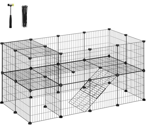 SONGMICS 2-Floor Metal Pet Playpen, 36 Grid Panels, Customisable Cage Enclosure for Small Animals, Guinea Pigs Hamster Runs, Rabbit Hutches, Includes Mallet, Indoor, 123 x 63 x 61 cm, Black LPI002B01
