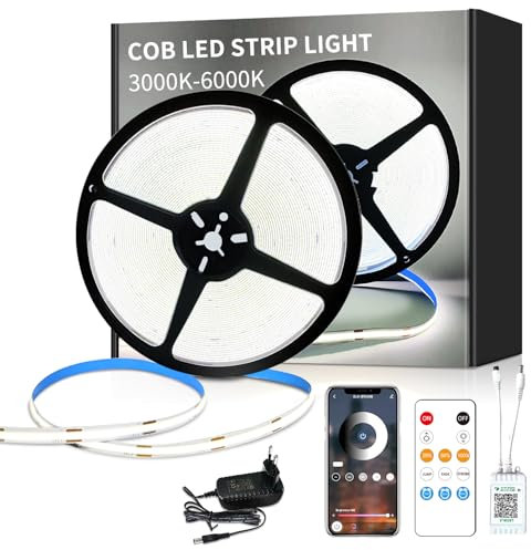 Yeewhale cob Led strip 15m,mit Fernbedienung,APP Steuerung,DC24V 6000k Weiß LED band,flexible Dimmbar COB LED Streifen,anwendbar auf Schlafzimmer, Raum,Schrank,DIY Dekoration