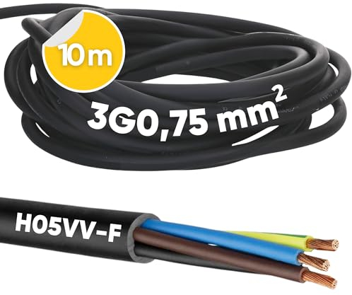 10 Meter Kalitec H05VV-F Schlauchleitung 3x0,75 mm² I Stromkabel 3G0,75 mm2 mit Schutzleiter I PVC Kabel für Innenbereich I Elektrokabel schwarz I Lampenkabel flexibel I Gerätekabel 3 adrig