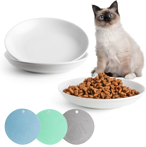 Quyimy Ceramic Ceramic Cat Food Bowl Set - 3 Pack Shallow Cat Dishes with 3 Non-Slip Mats, Stress-Free Whisker Fatigue Relief Bowls, White Pet Food Dishes