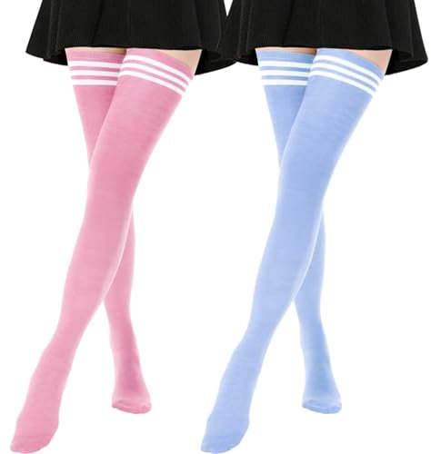 DRESHOW 2 Pairs Extra Long Thigh High Socks Long Boot Stockings Striped Over Knee Socks for Women Cotton Leg Warmers