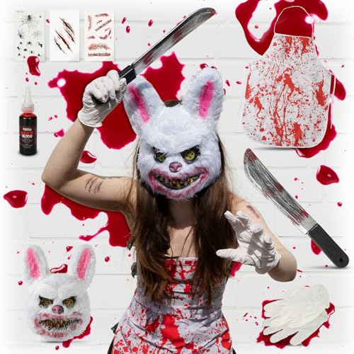 Festicy Horror Hase Kostüm für Herren, Damen und Teenager I Einheitsgröße I inkl. Halloween Maske, Kunstblut Halloween, Machete u.v.m. I Halloween Kostüm Herren 2026 I Halloween Kostüm Damen
