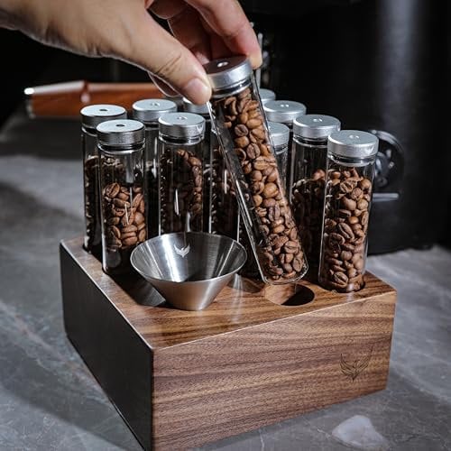 KNODOS Disposable Exhaust Valve, Single Dose Coffee Bean Storage Tubes, 12 Pieces, Espresso Glass Dispensing Bottles with Walnut Stand and Stainless Steel Funnel, Coffee Bean Cellar