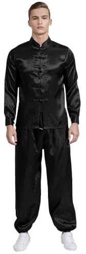KKmeter Mens Martial Arts Suit Chinese Traditional Tang Suit Long Sleeve Yoga Top with pants Clothes Outfit (Black, Large)