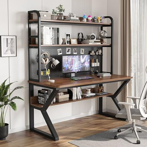 Bureau à Domicile avec Panneau perforé, Grande Table PC, Bureau d'ordinateur avec étagères, établi Multifonctionnel, Table de Travail d'étude et d'écriture (39,3 L x 66,9 H x 23,6 P, Noye