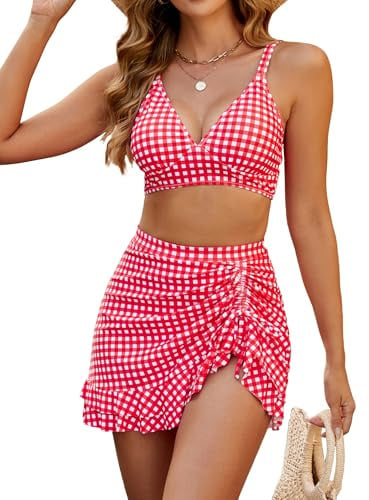 Blooming Jelly Women's High Waisted Bikini Sets Tummy Control Bathing Suit Two Piece Swim Suit 2026 Retro Swimsuit(Red White Plaid,Large)